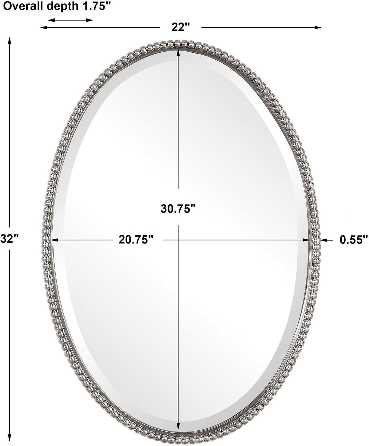 Front view of oval mirror with width, height, and depth measurements