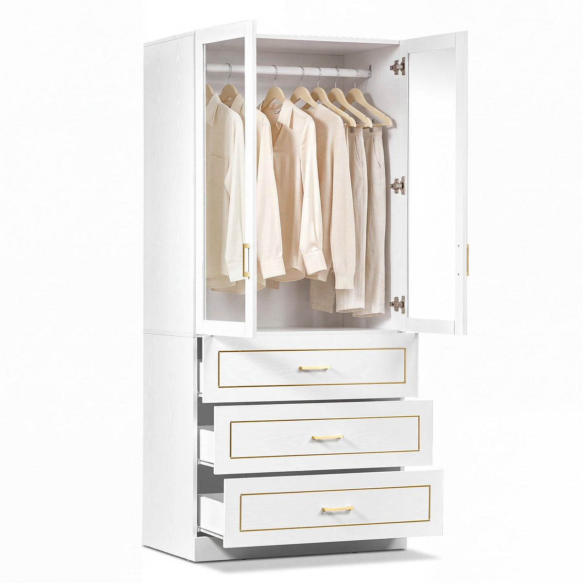White wardrobe with both doors open, showing hanging clothes above three partly open drawers.