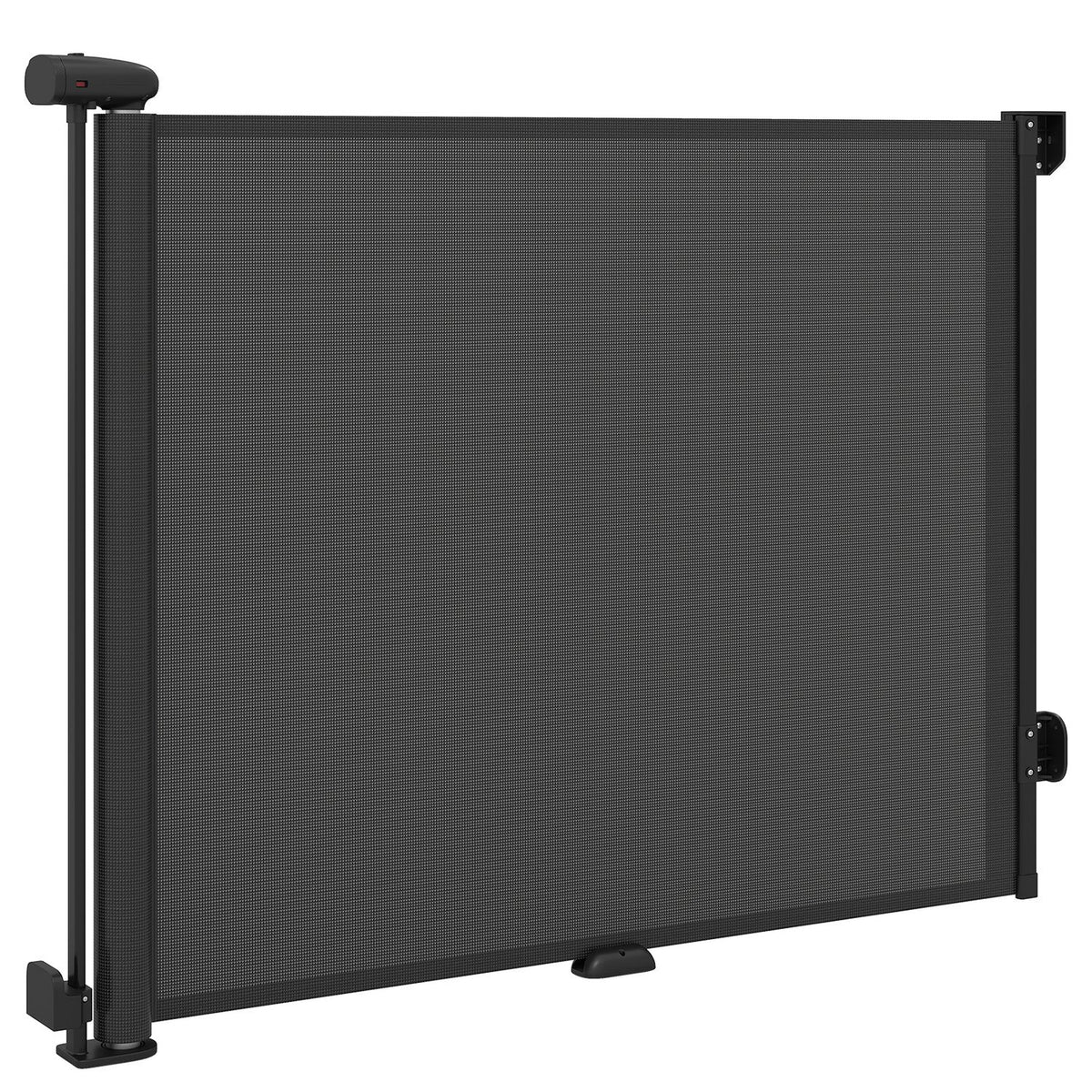 Angled view of the extended black mesh gate, showing its side posts and mounting brackets.