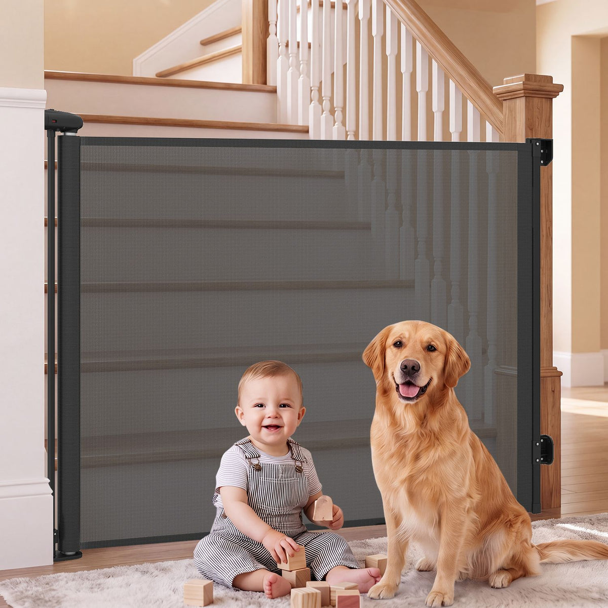 Black retractable mesh gate spans a stairway, with a baby and golden dog sitting in front.