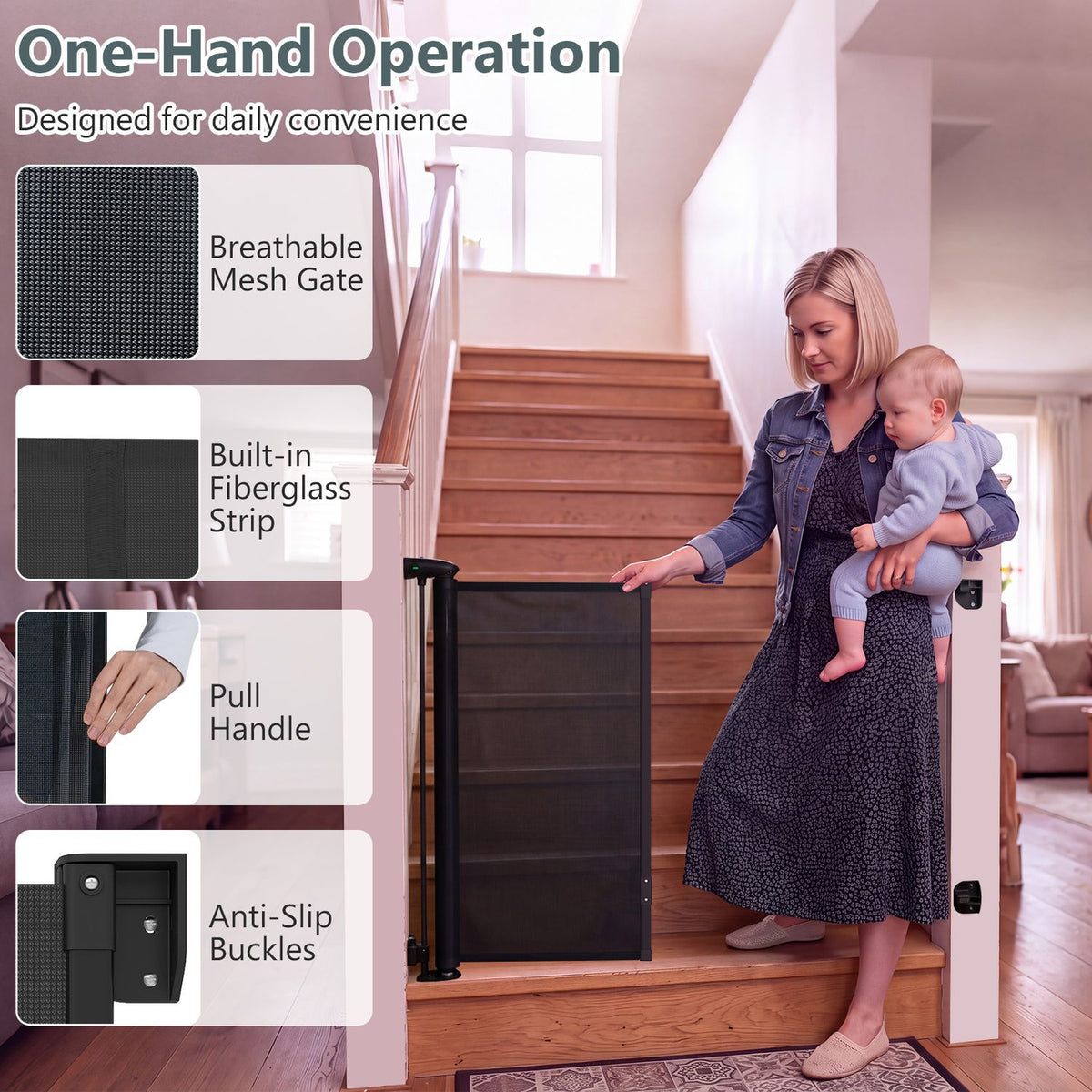 A woman holding a baby reaches over a dark mesh gate across a wooden staircase; feature close-ups line the left side.