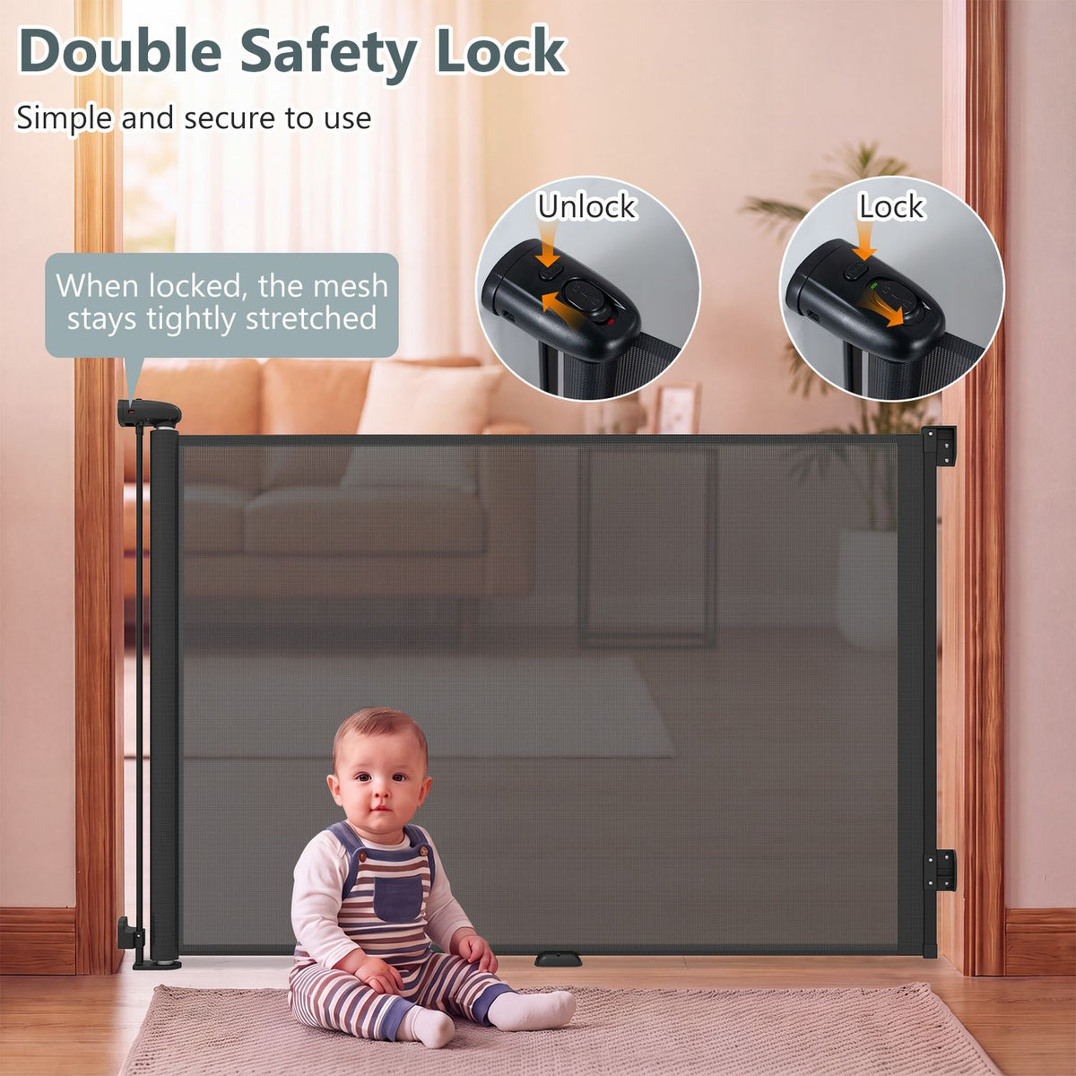 A dark mesh gate spans a doorway behind a seated baby, with circular close-ups of the lock mechanism above.