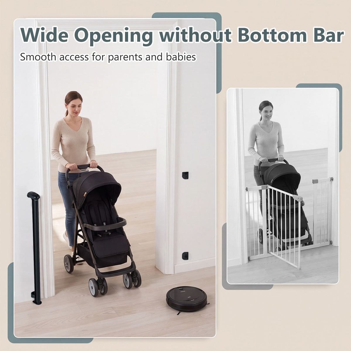 A woman pushes a stroller through an unobstructed doorway beside a retracted gate; an inset shows a gate with a bottom rail.