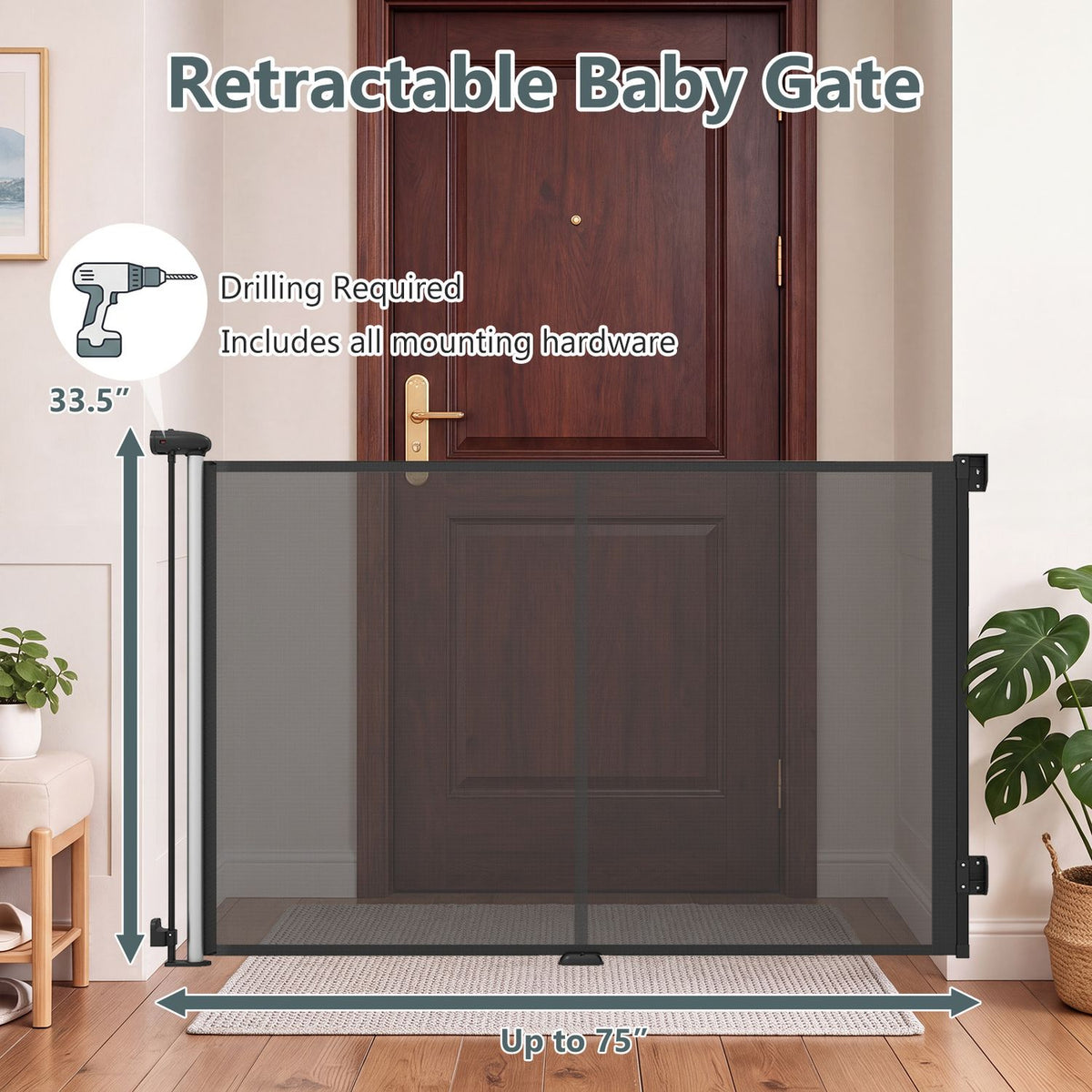 Extended mesh gate installed in a doorway, with arrows marking its height and span.