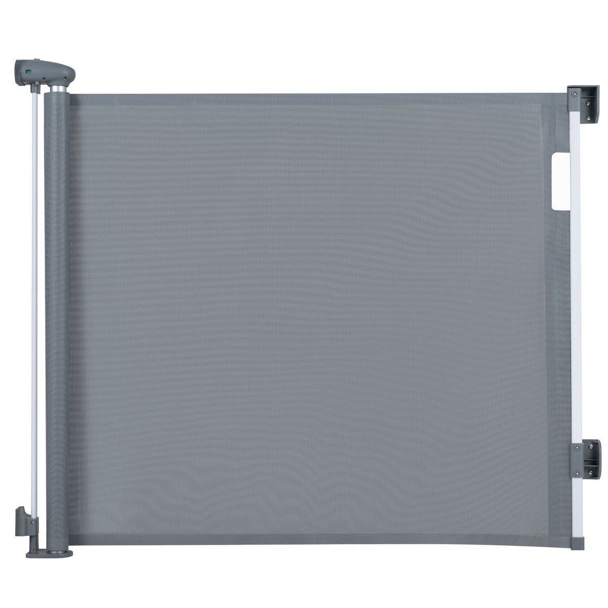 Gray mesh gate shown fully extended, with a cylindrical housing on one side and mounting brackets on the other.