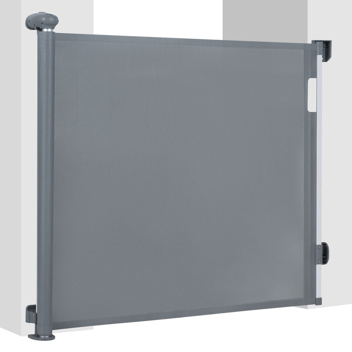 Gray retractable mesh gate viewed at an angle, showing its side housing and wall-mounted brackets.