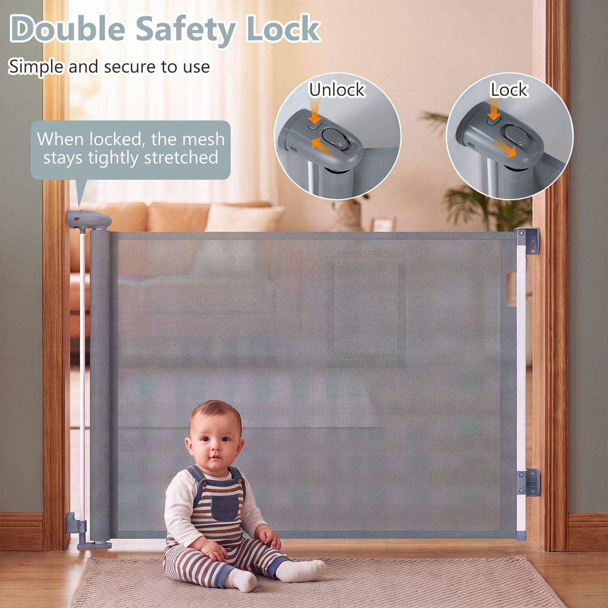A baby sits in front of a gray mesh gate spanning a doorway, with close-ups of its lock.
