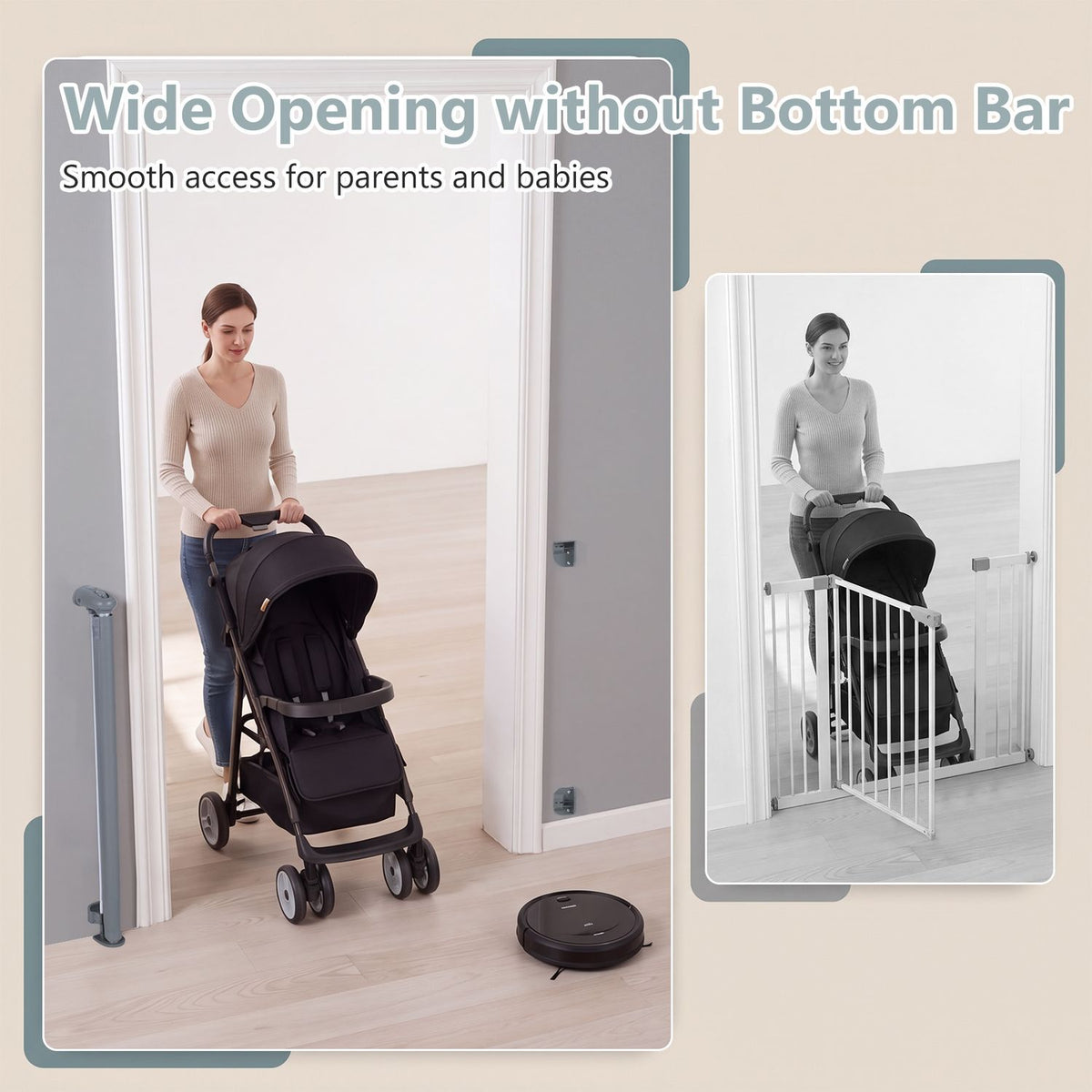 A woman pushes a stroller through a doorway fitted with a retractable gate; a smaller inset shows a hinged gate.