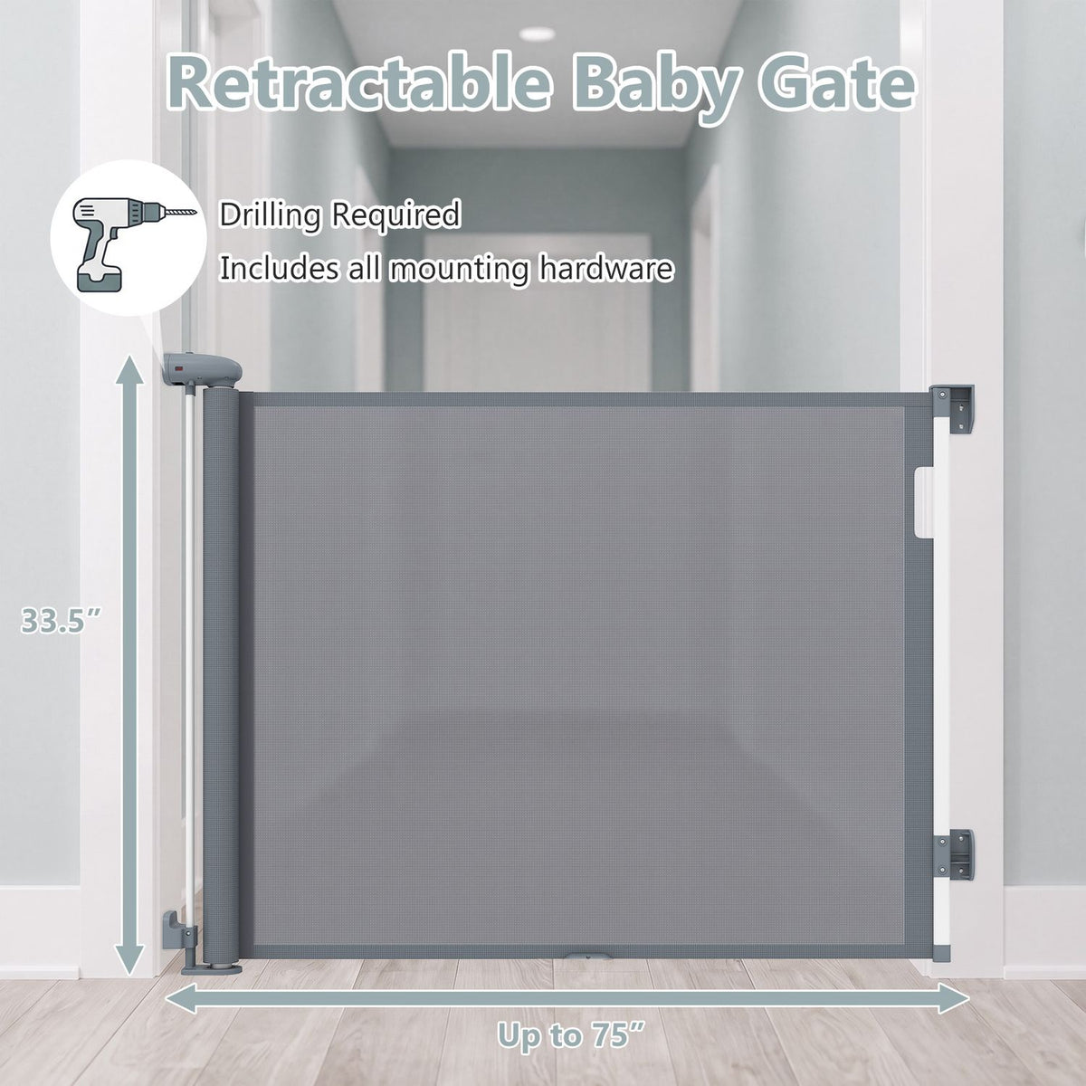 Gray gate fitted across a doorway, with arrows marking its height and width and a drilling icon above.