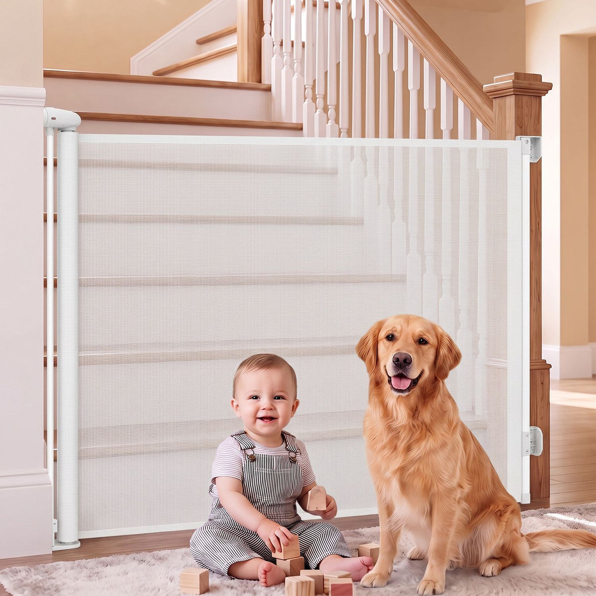 A baby and a golden dog sit together behind a gray mesh gate at the foot of a staircase.