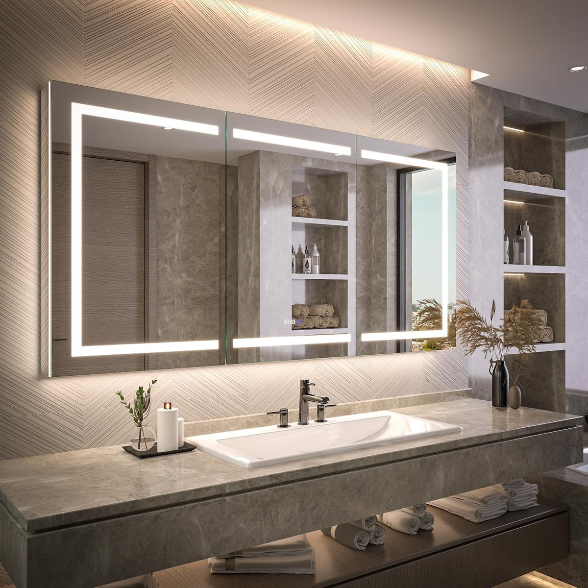 Wide shot of a three-panel mirrored cabinet with rectangular LED bands, showing recessed shelving reflections and