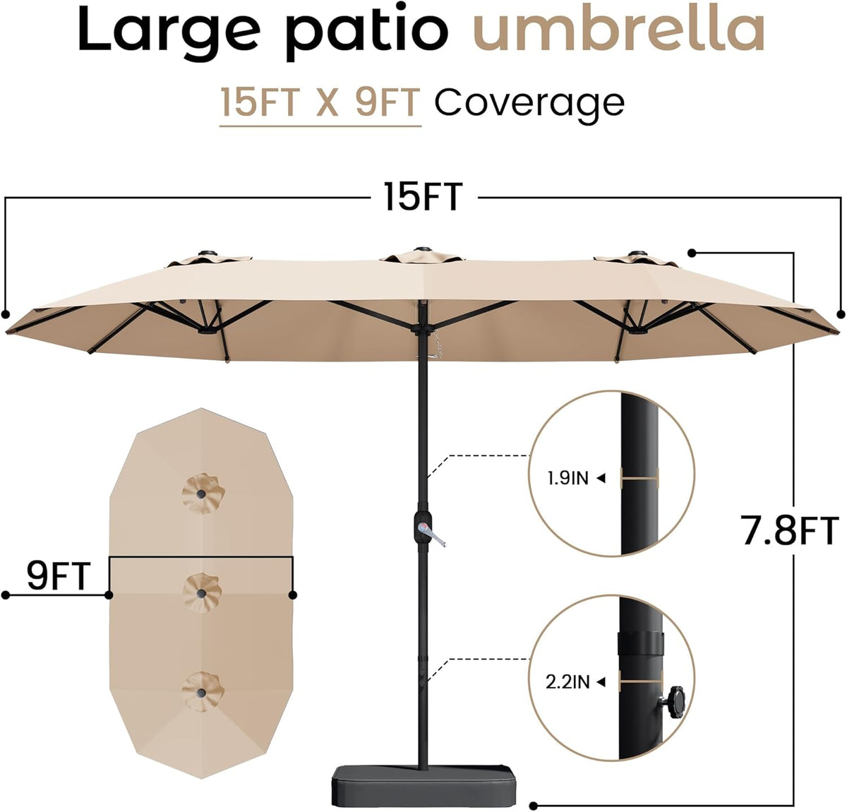 Front view diagram of a beige rectangular patio umbrella over a base labeled with 15ft width and 9ft depth and pole height