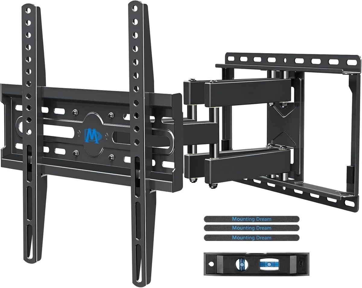 Close-up front perspective of a black full-motion TV wall mount with mounting brackets, arm joints, three straps and a small