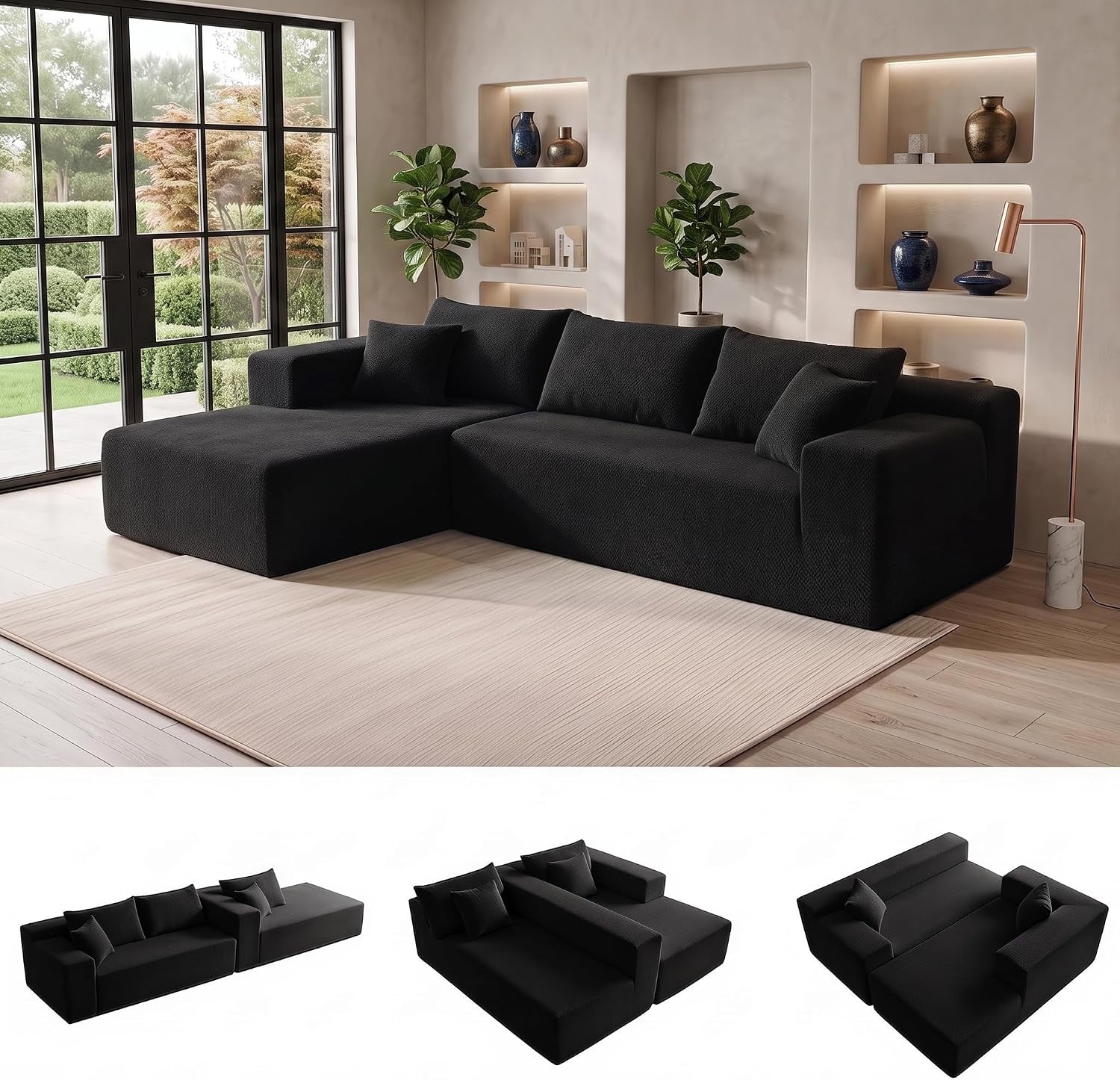 L-shaped black sectional with left chaise and three back pillows in a bright room with floor-to-ceiling window and built-in
