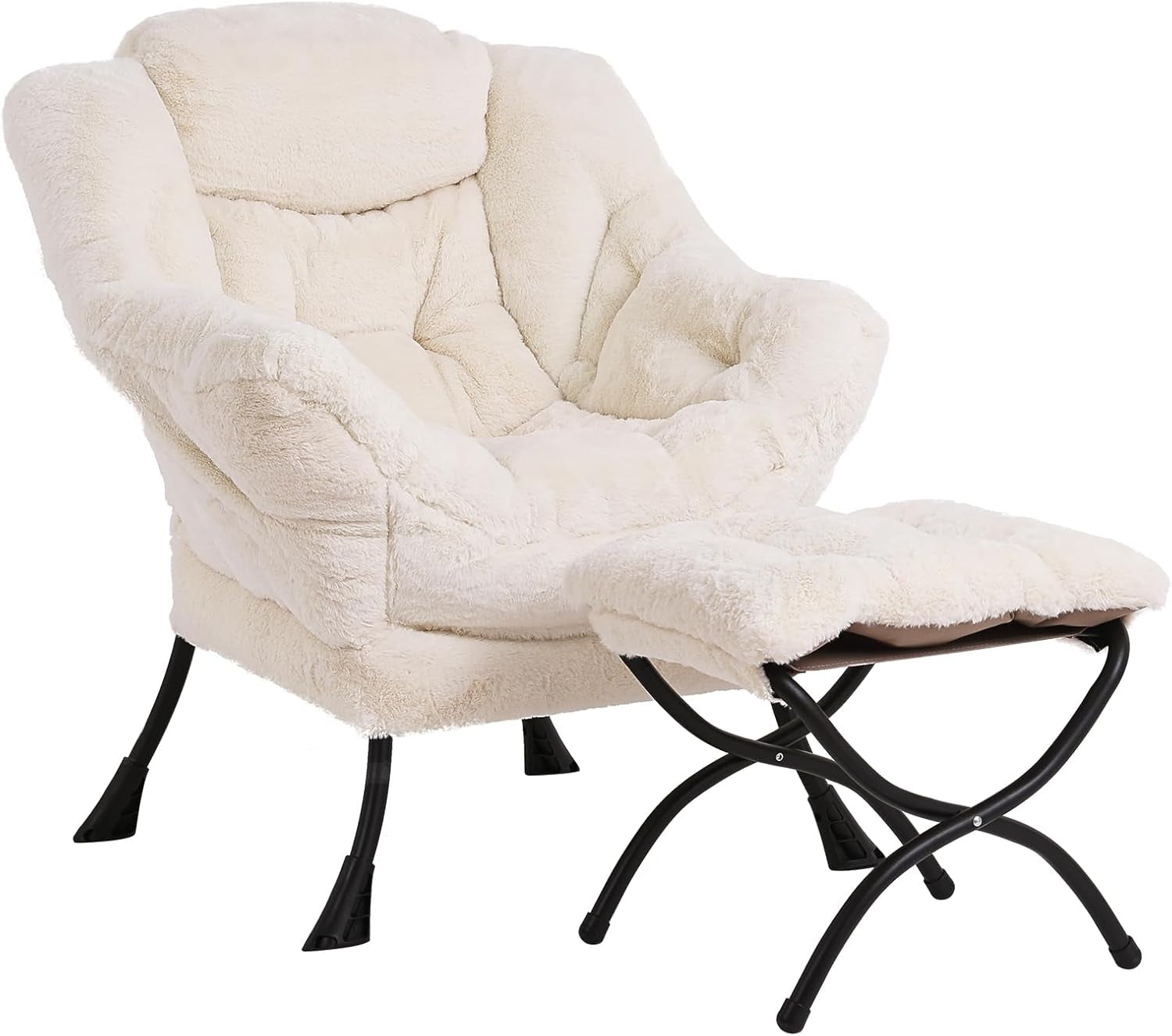 Three-quarter view of an off-white plush lounge chair with matching foldable ottoman on black metal legs.