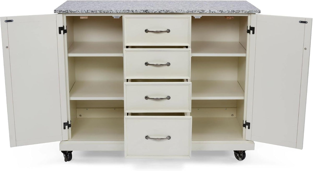 Front view of the cart with both cabinet doors open revealing two adjustable shelves per side and center drawers