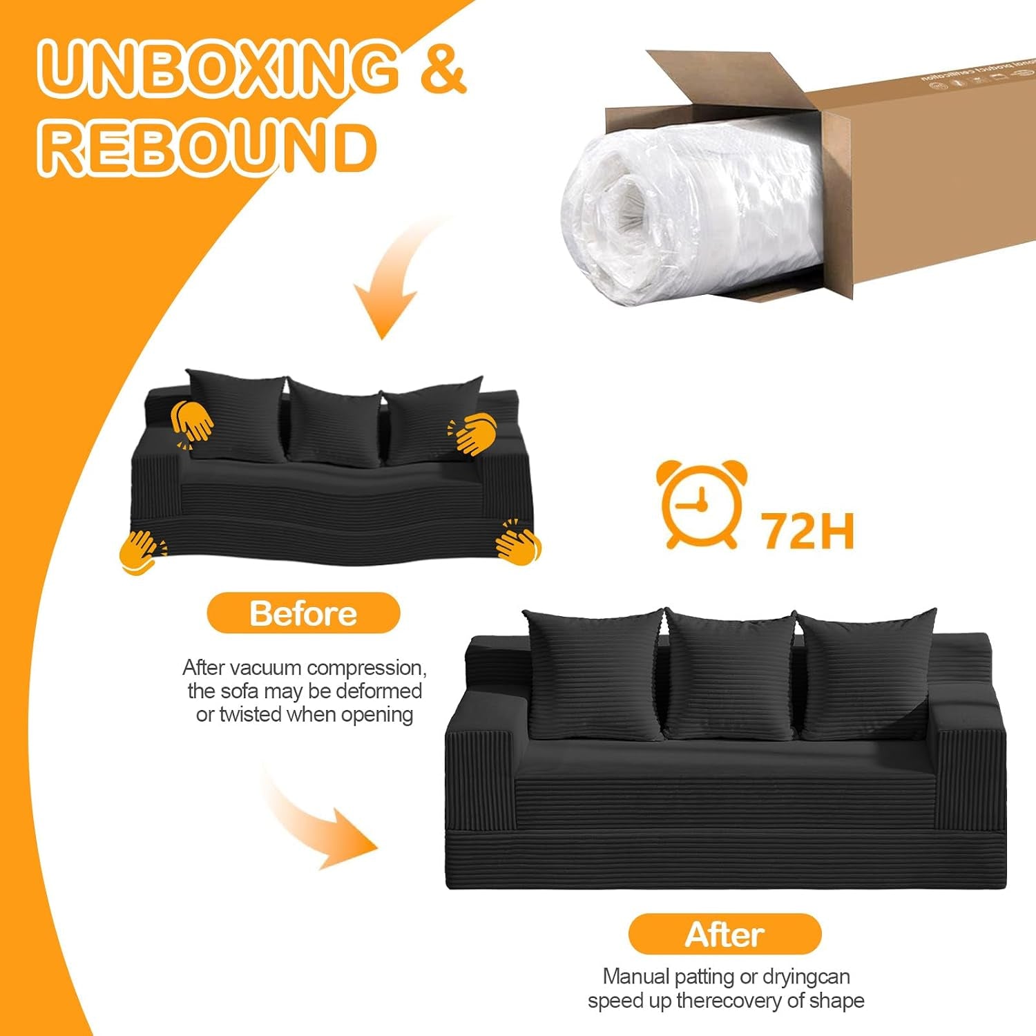 Illustration of a vacuum-rolled sofa being unpacked with before-and-after recovery images.