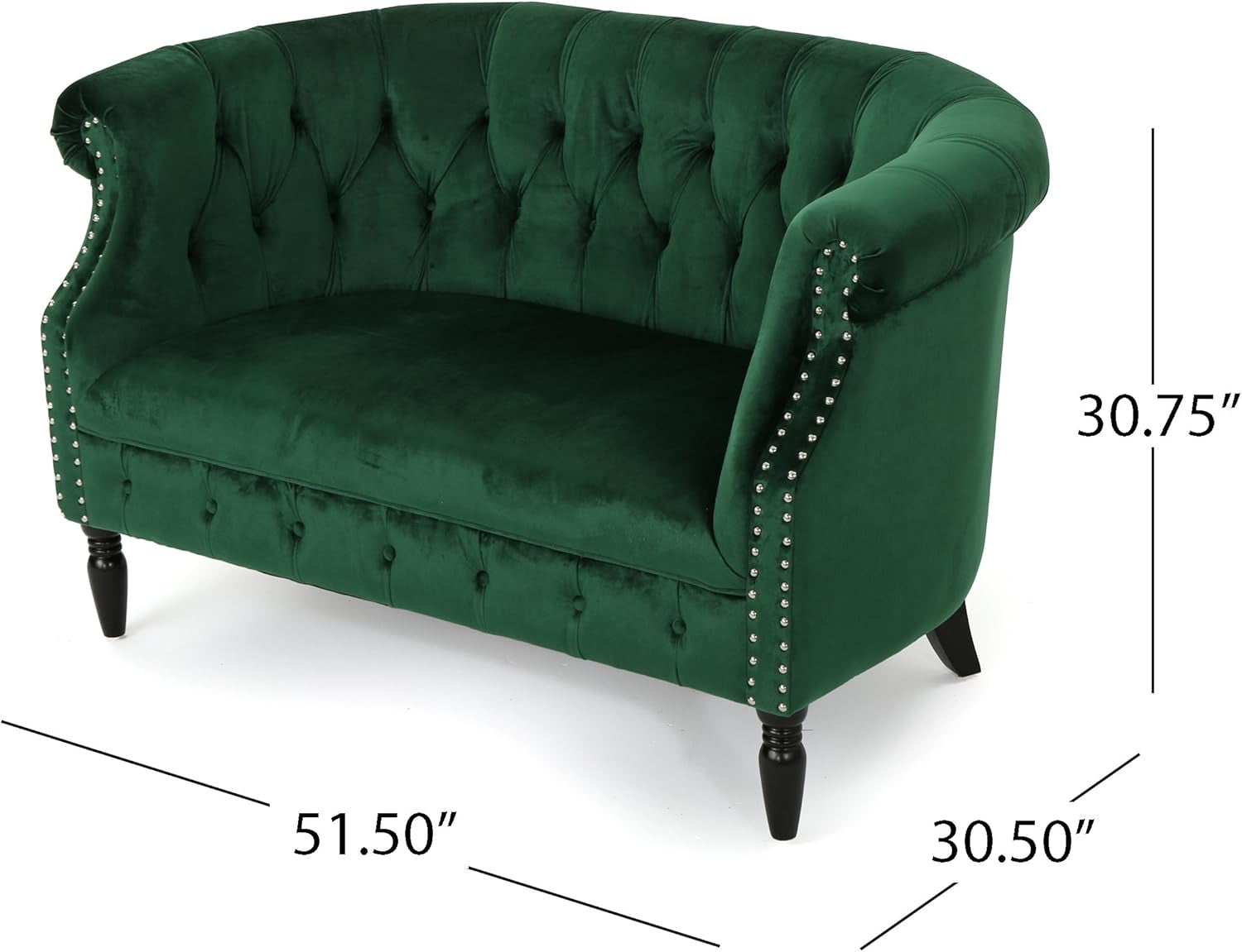 Emerald velvet tufted Chesterfield loveseat angled studio view with dimensional measurements overlayed