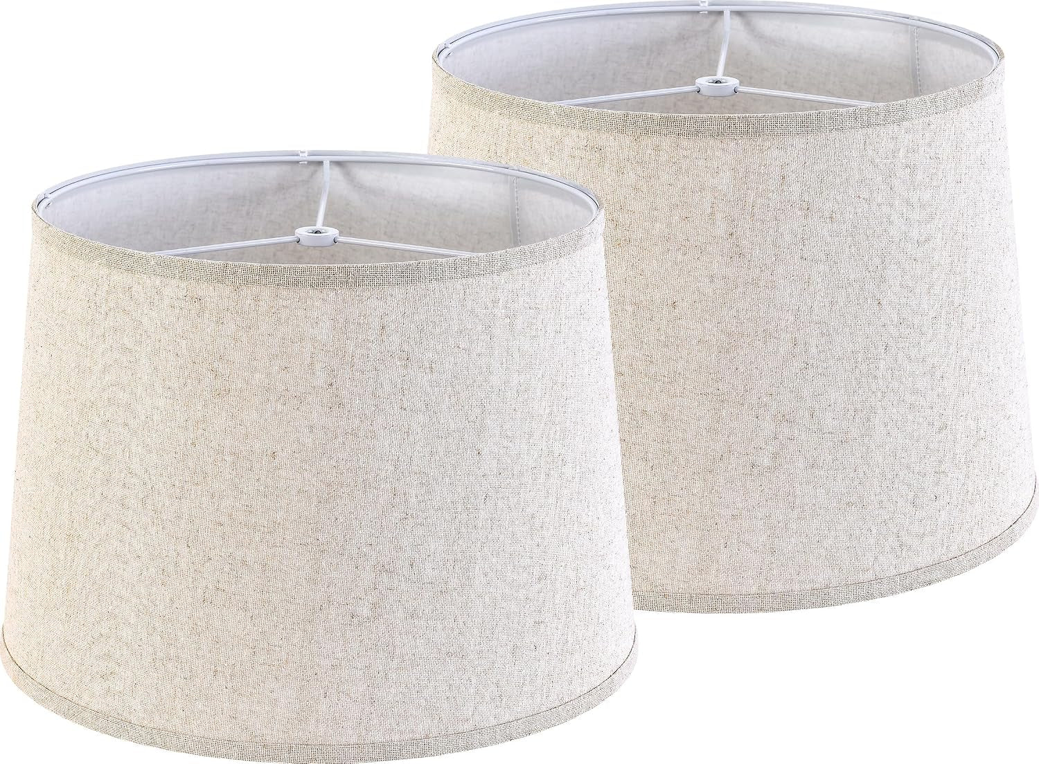 Two oatmeal drum lamp shades arranged side by side, both showing top inner frames
