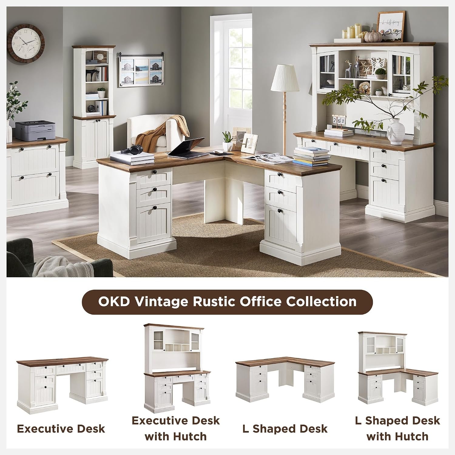 Wide room view of the antique white farmhouse office collection showing the L-shaped desk, hutch and matching storage pieces