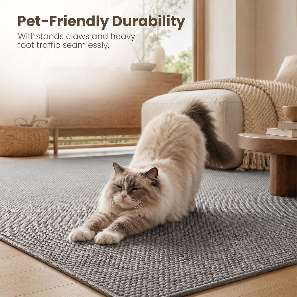 Grey textured rug close-up with a cat stretching to illustrate pet-friendly durability and tight weave