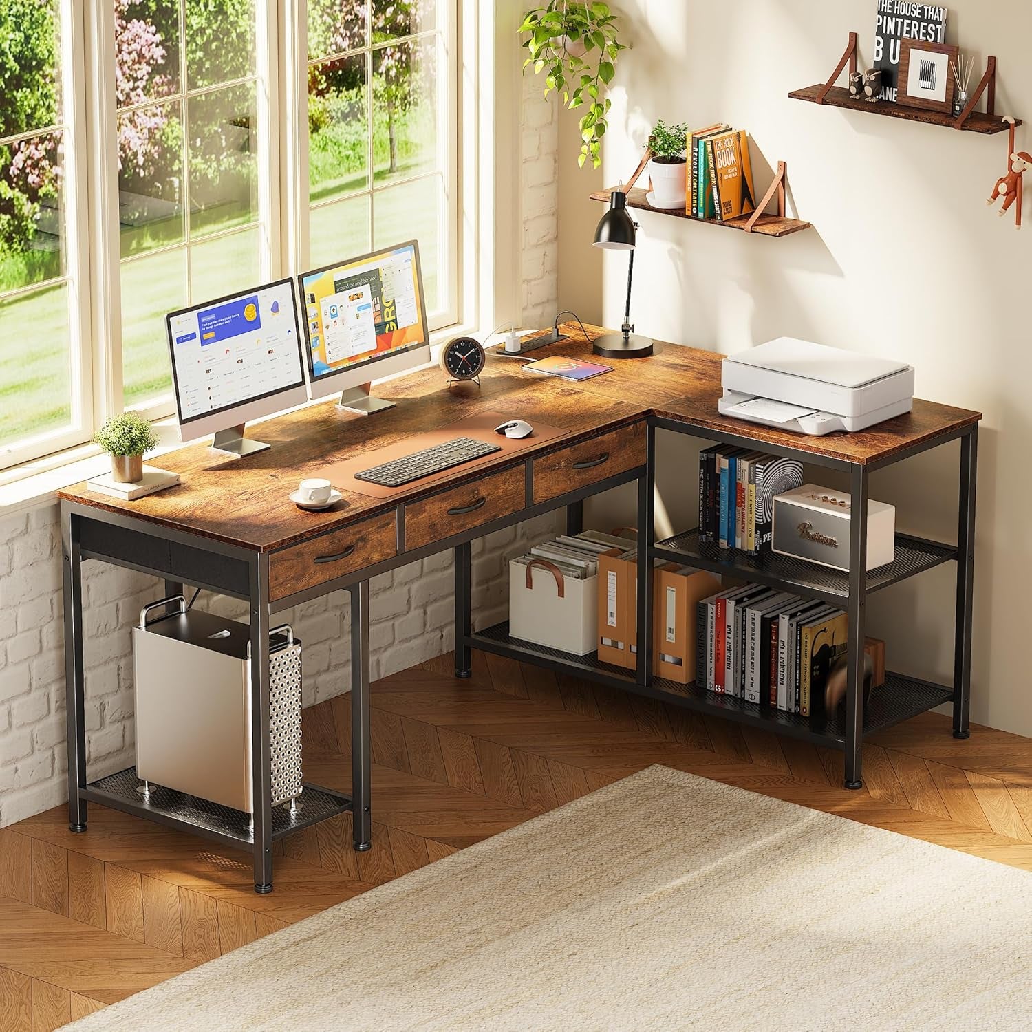 Rustic brown L-shaped desk placed by a bright window with a printer on the corner shelf and mesh storage holding books