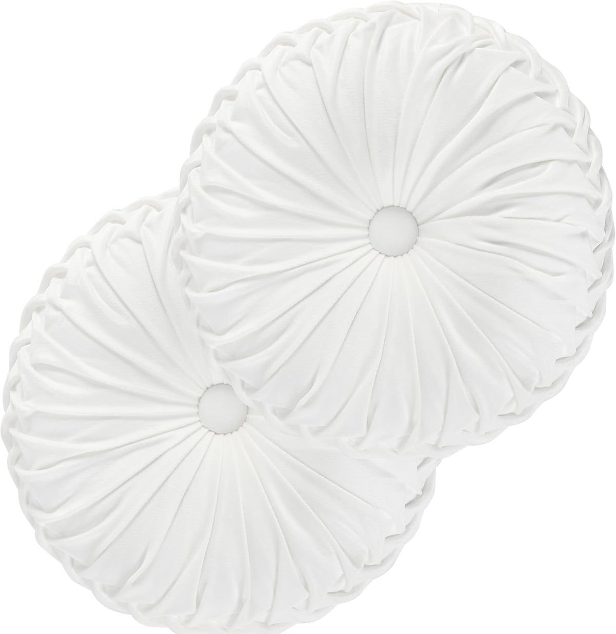Two white ruched round pillows overlapping, shown on a plain white background