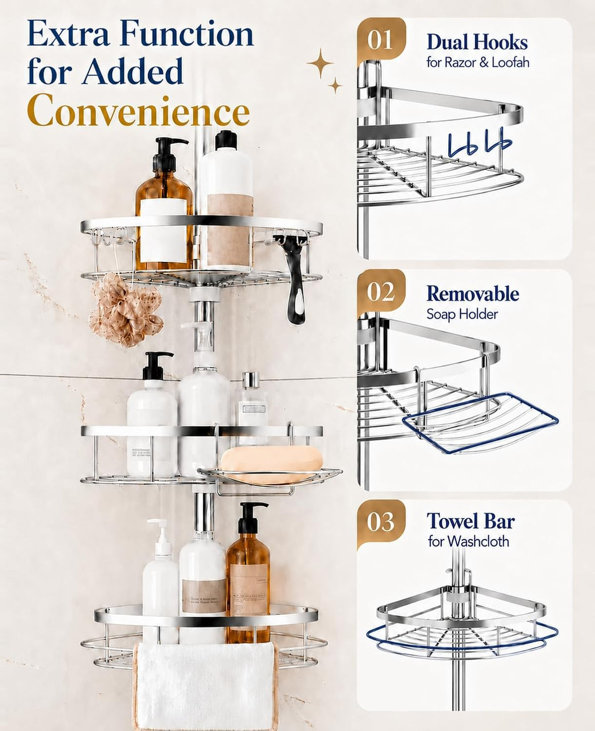 Collage showing a silver four-tier tension corner caddy with soap dish, hooks and towel bar mounted in a tiled corner.