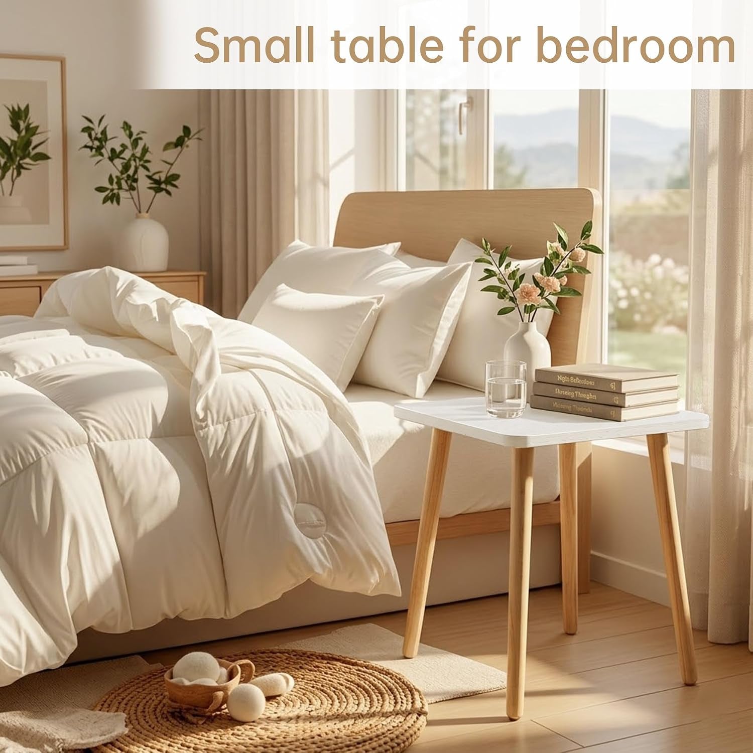 Small side table placed beside a bed with books and a glass of water on the MDF top in bedroom scene