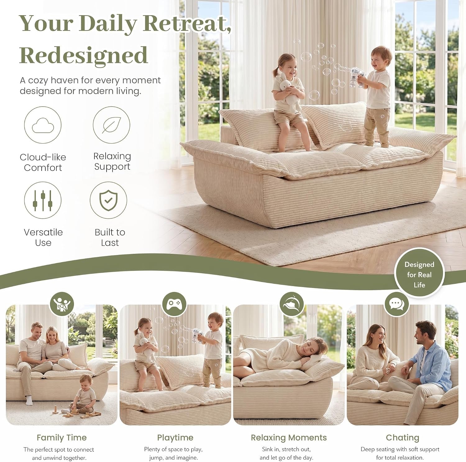 Beige corduroy sofa staged in a bright room with icons for comfort and family use