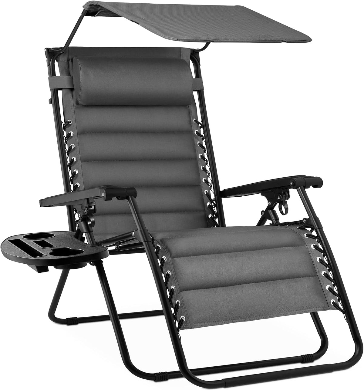 Three-quarter view of a gray padded zero-gravity recliner with canopy, black frame and side tray.