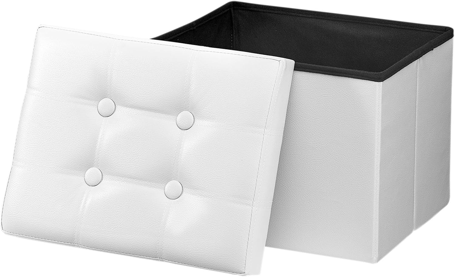 White faux-leather storage ottoman shown open with the tufted lid removed, revealing black interior