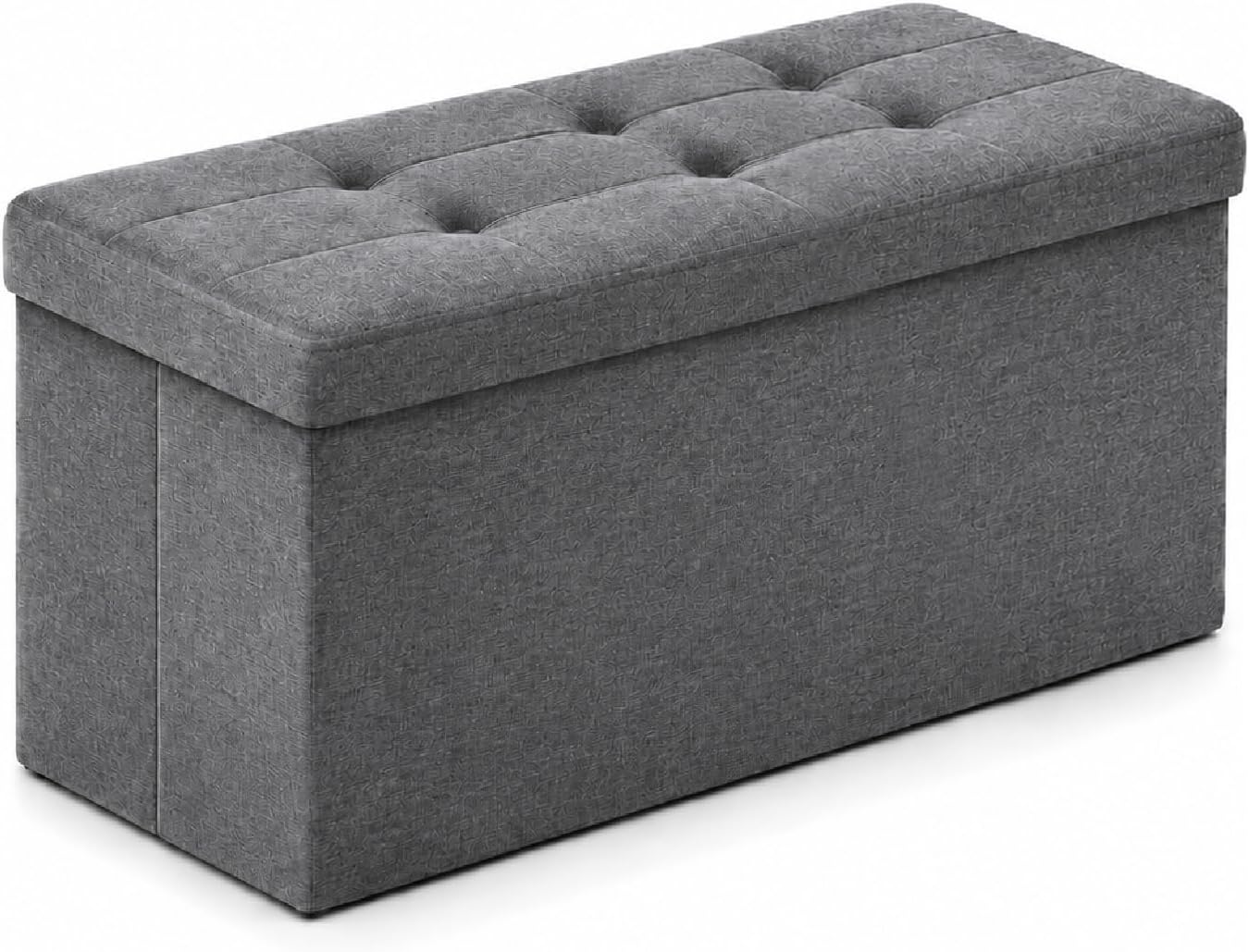 Medium grey tufted storage ottoman shown at an angle highlighting textured fabric.