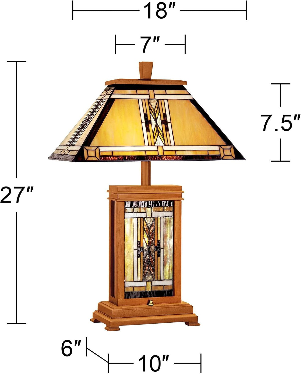 Full lamp with dimensional overlay showing 27" height, 18" shade bottom and 10" base measurements