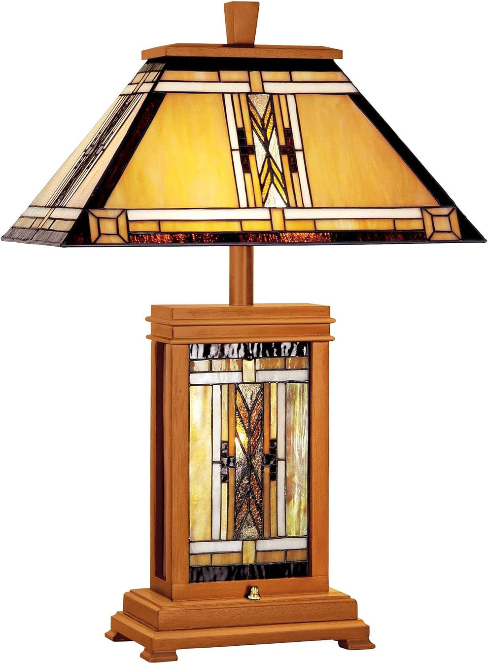 Front view of Mission-style table lamp with amber stained-glass shade and walnut-finish rectangular base
