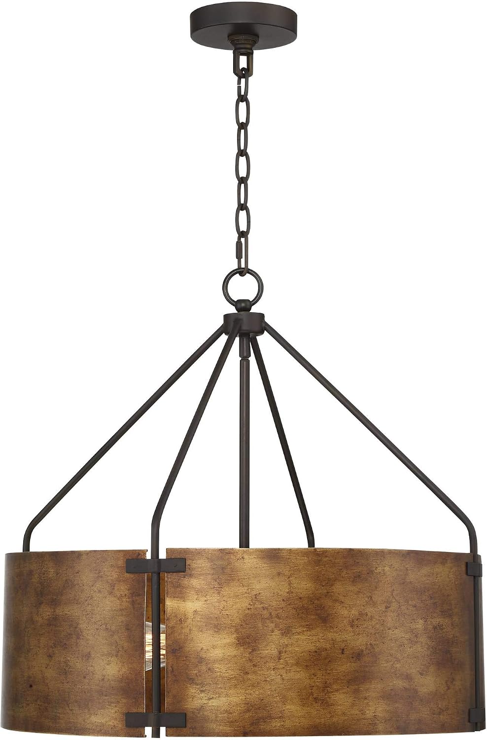 Cropped front view showing upper chain, central rod and top portion of the textured bronze drum shade.