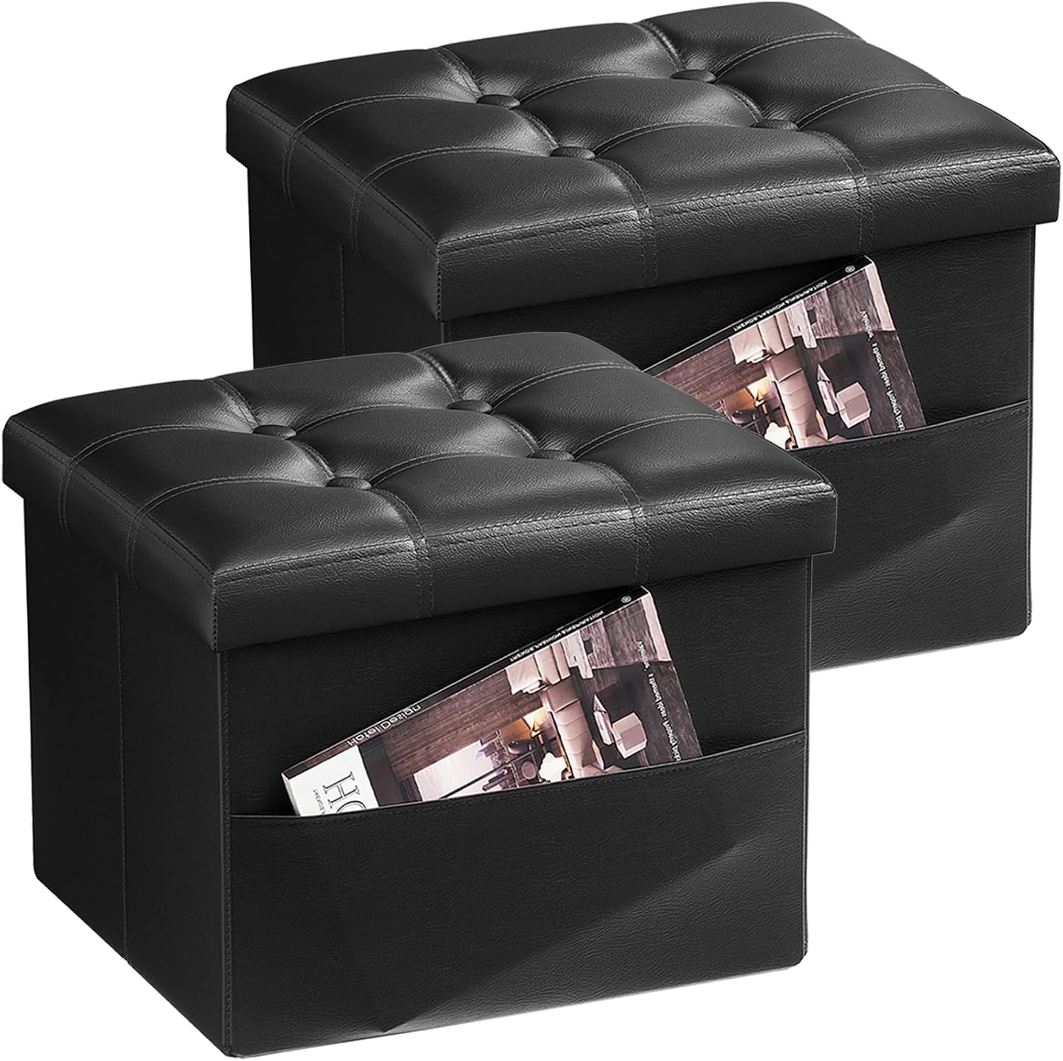Two black tufted faux-leather storage ottomans, each with a front pocket holding a magazine.