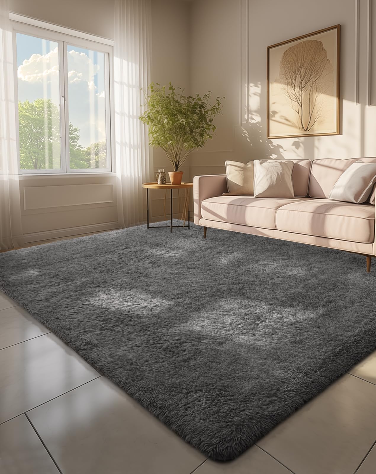 Dark gray plush rug under a pale pink sofa next to a window and small wood side table with a plant.
