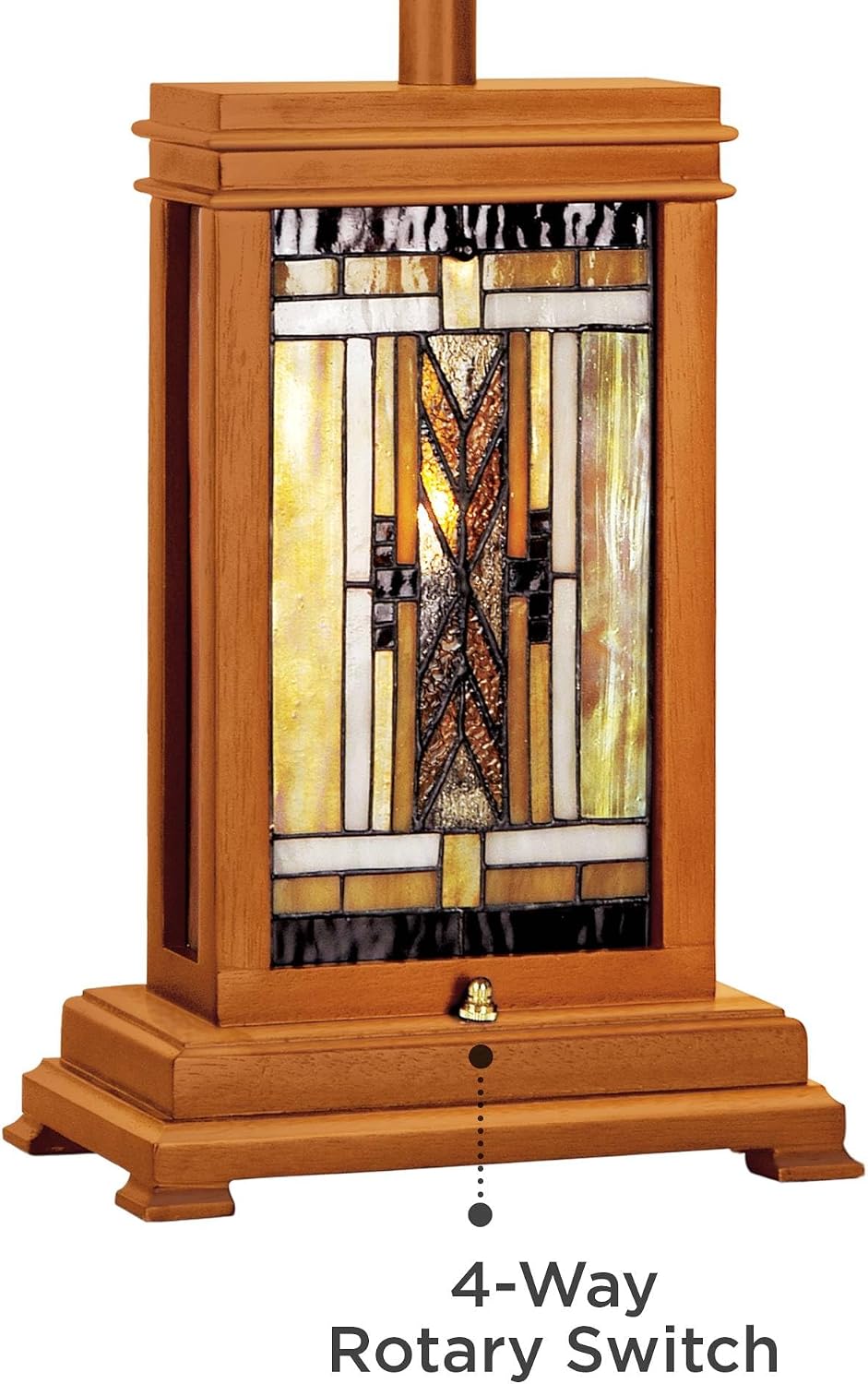 Close-up of walnut-finish wood base with stained-glass inset and 4-way rotary switch on the front