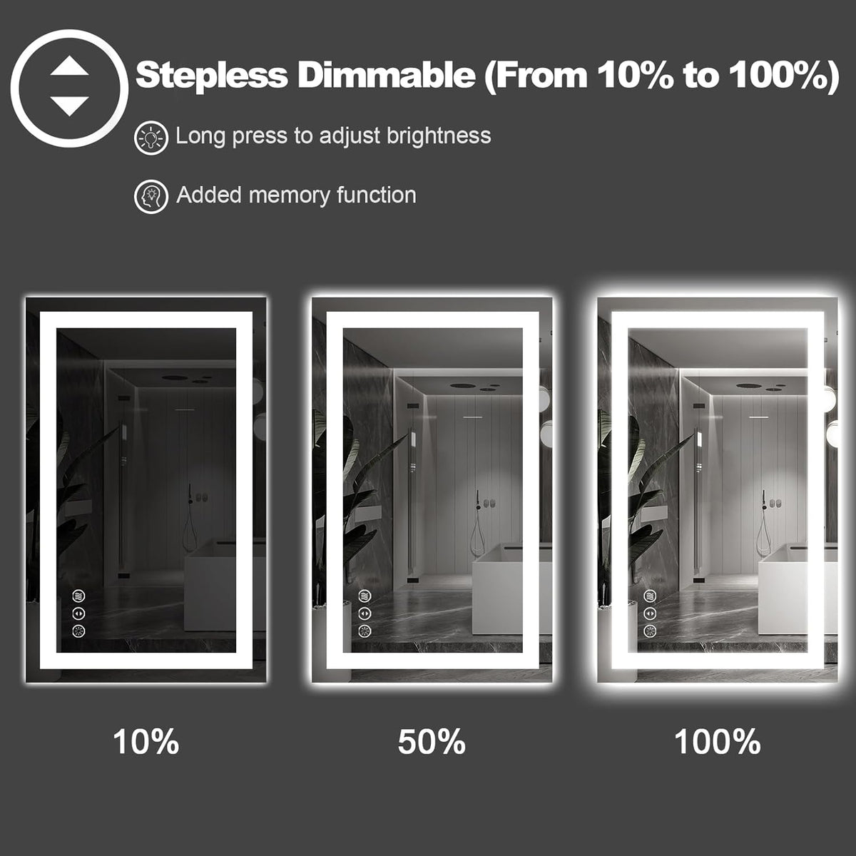 Three mirrors demonstrating stepless dimming at 10%, 50%, and 100% brightness on a dark background