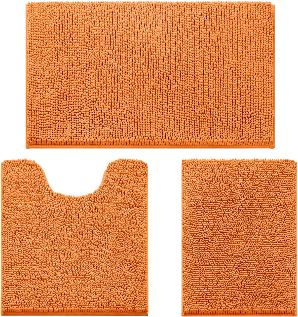 Three orange chenille bath rugs: one rectangular, one U-cut toilet rug, and one square mat on white background