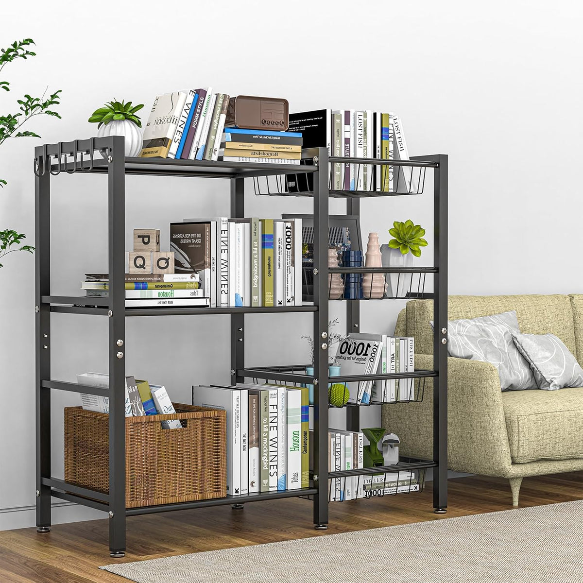 Black storage rack styled in a living room with books, vases and baskets on shelves and wire trays.