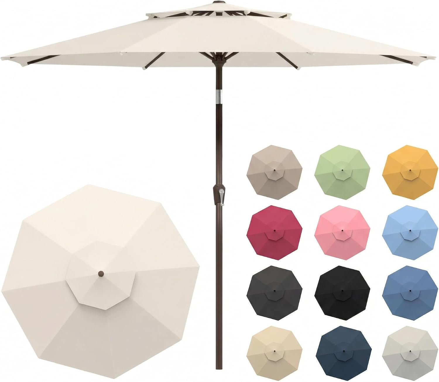 Front view of a beige market umbrella with a top vent and a column of small color swatches to the right.