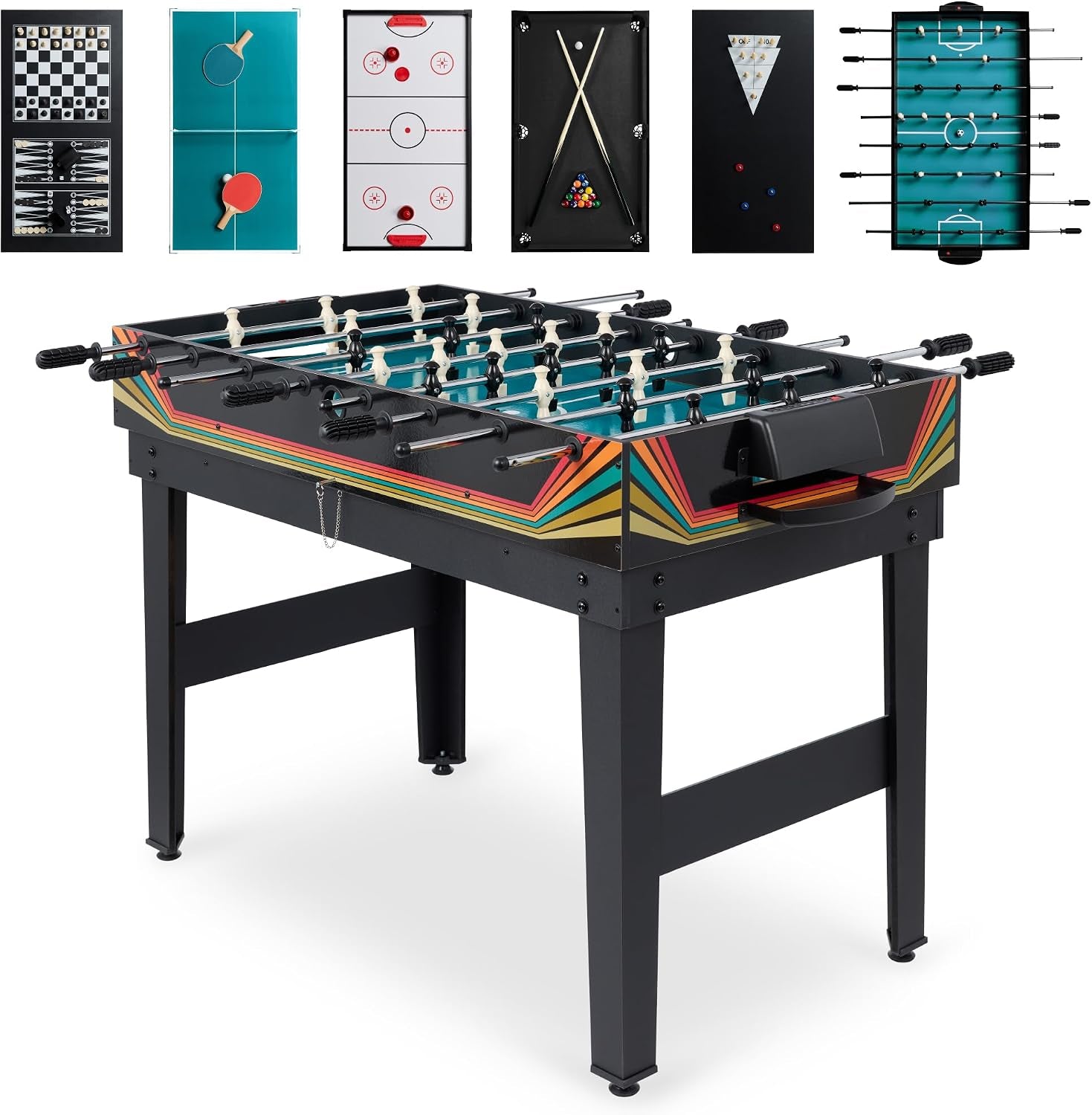 Angled studio view of a black foosball table with colorful striped side accents and multiple playable tops shown above