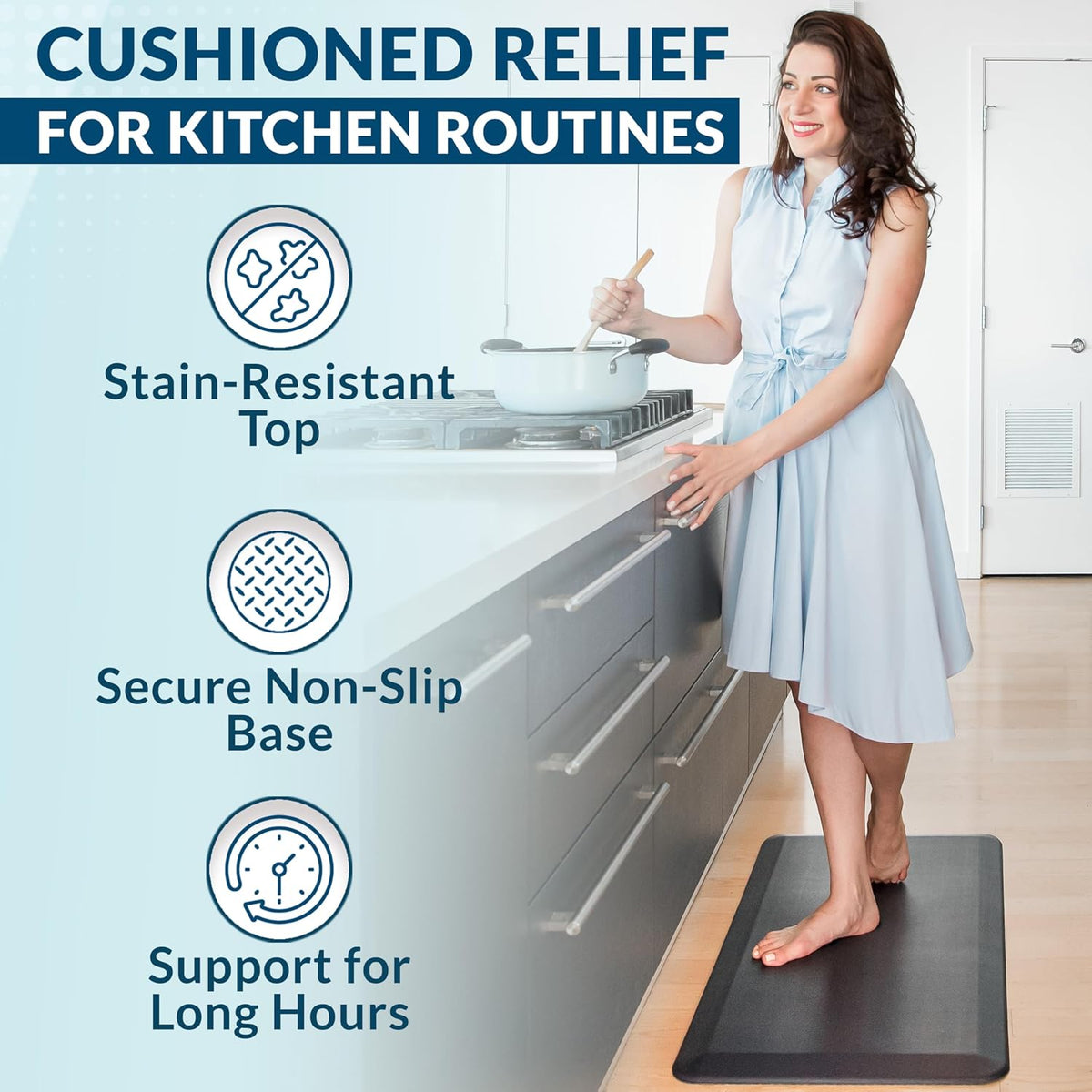 Woman standing barefoot on a long black kitchen mat at a counter, showing non-slip surface
