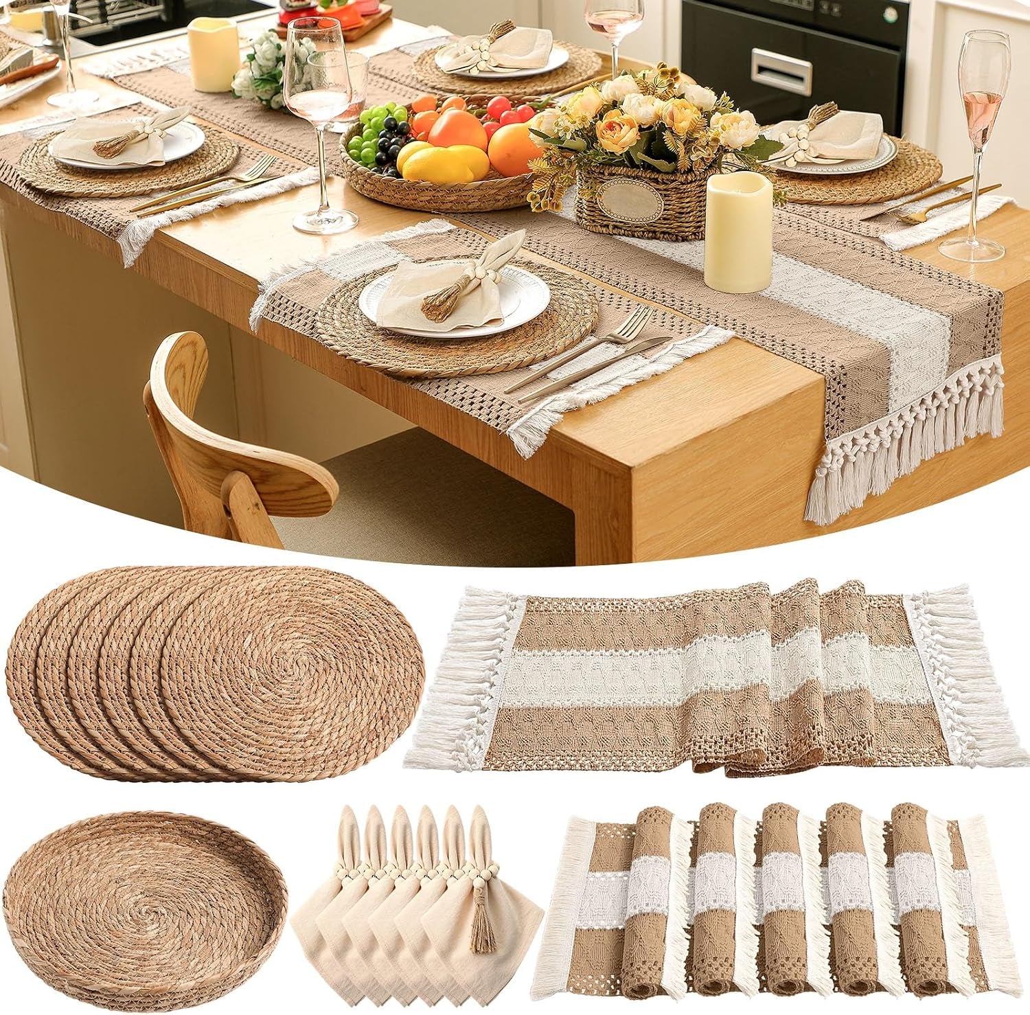 Dining table set with khaki-striped runner, round woven placemats, napkins with tassel rings and a centerpiece basket.