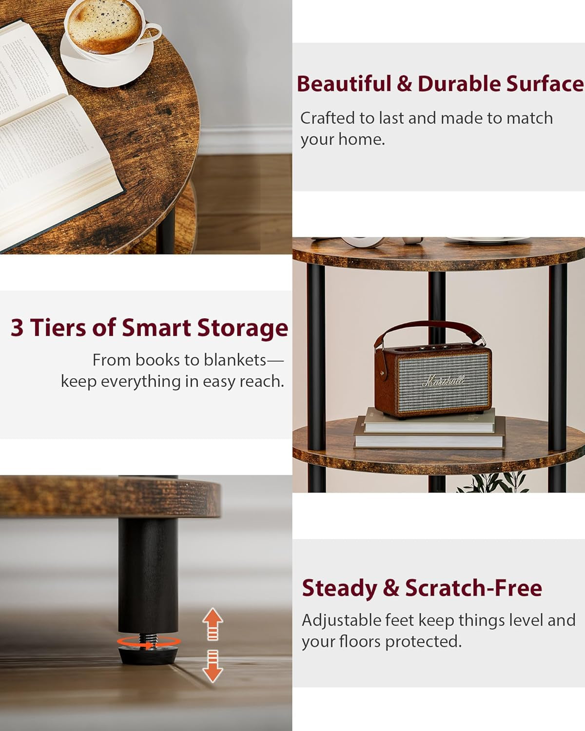 Collage view showing tabletop close-up, mid shelf with radio, and adjustable leveling foot detail