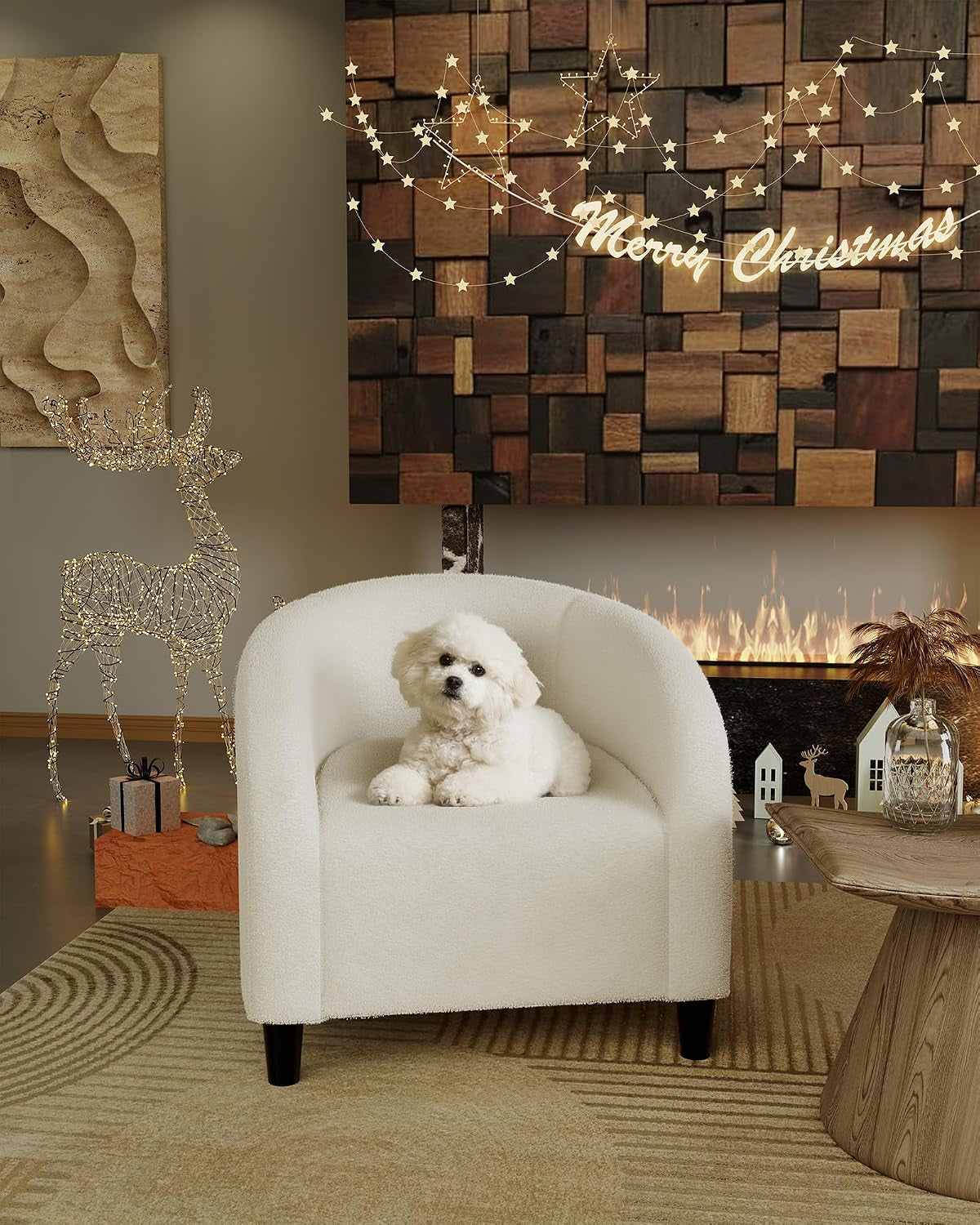 Single beige barrel chair with a small white dog seated on it in a cozy holiday-decor room.