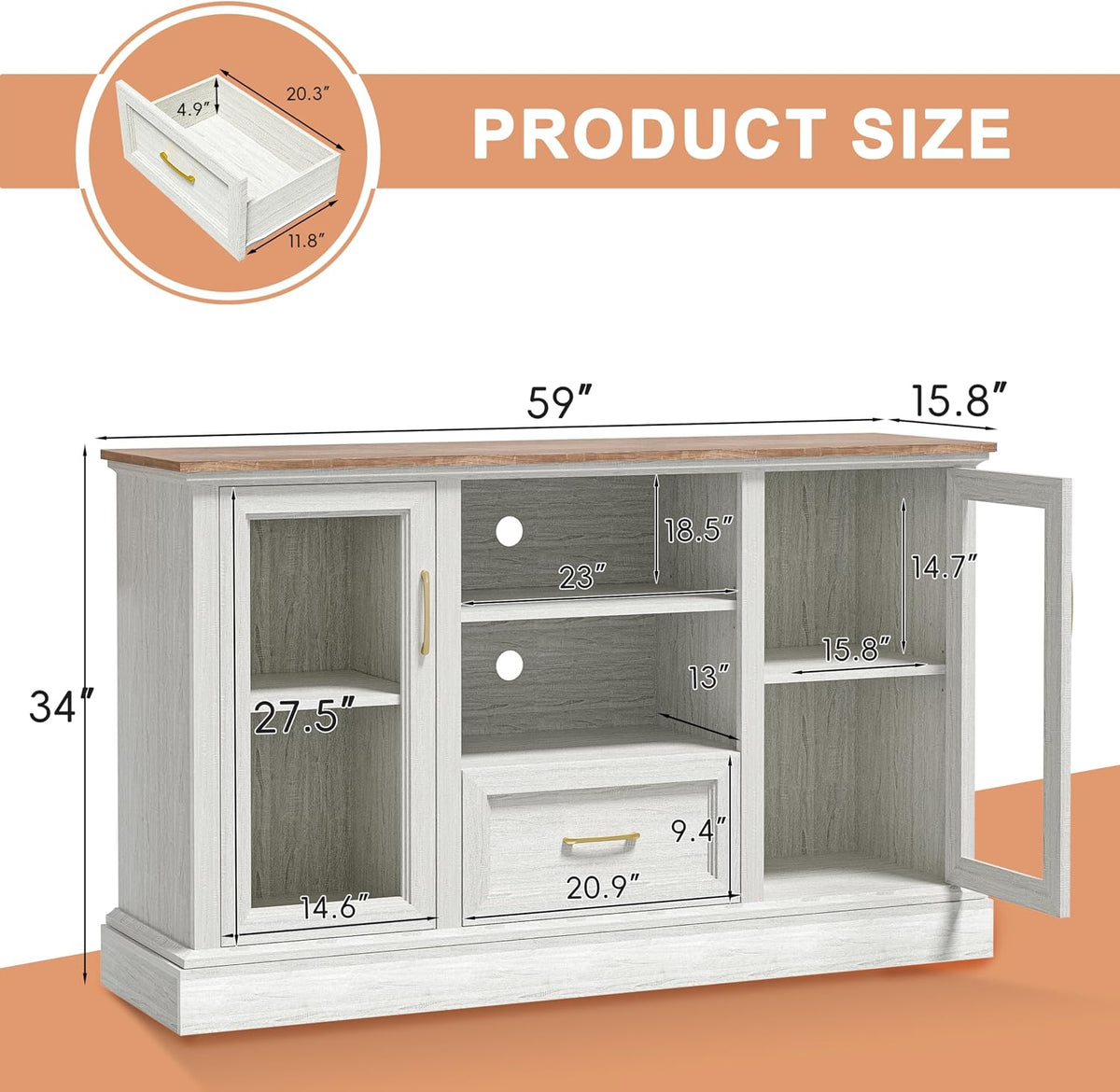 Graphic front view of the console showing internal shelf and drawer measurements with arrows and labels.