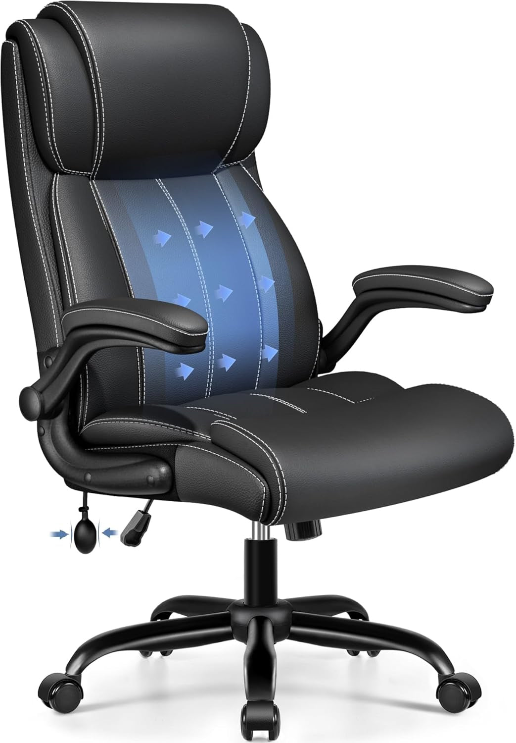 Black office chair angled front-right view with inflatable lumbar pump and blue directional support arrows